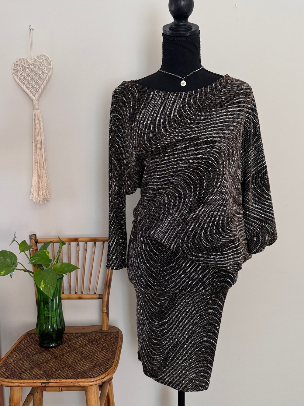 a'gaci Black Dress with Silver Wave Knit Pattern - asymmetrical Long Sleeve